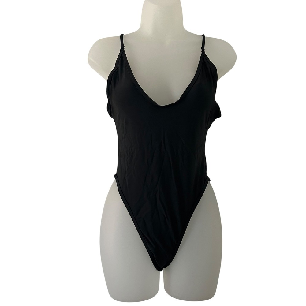 Womens Black High Cut Adjustable Straps Padded Black One-Piece Swimsuit M Medium